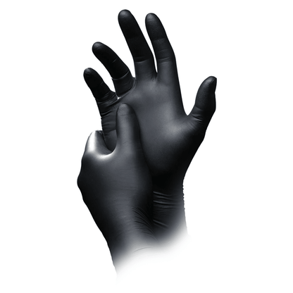 A pair of hands with black latex gloves, with one hand pulling the glove over the other, isolated on a white background, highlights the antistatic nitrile chemical protective gloves AMPri SolidSafety Chem Ex from AMPri Handelsgesellschaft mbH, perfect for precise handling.