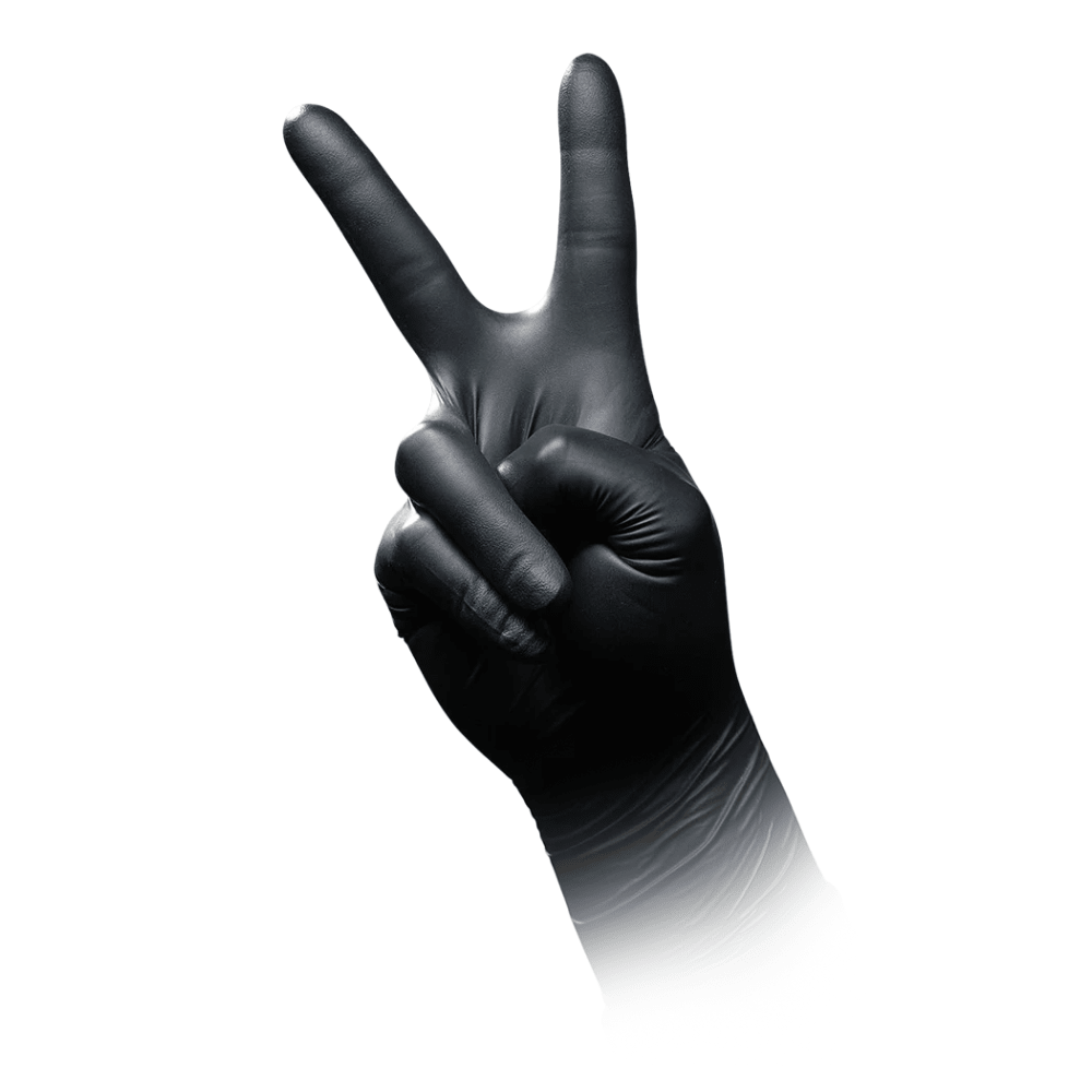 A hand wearing an antistatic nitrile chemical protective glove from AMPri SolidSafety Chem Ex makes a peace sign against a white background.