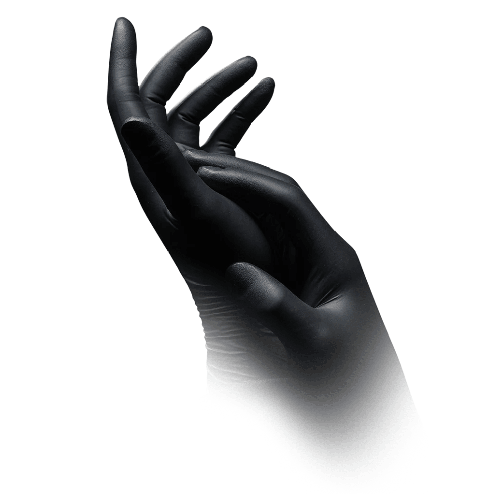 Against a white background, two hands with black gloves are visible, which apparently are AMPri SolidSafety Chem Ex antistatic nitrile chemical protective gloves from AMPri Handelsgesellschaft mbH. One hand is slightly cupped while the other gently touches it. The background fades downward, creating a soft, misty effect that supports precise handling.