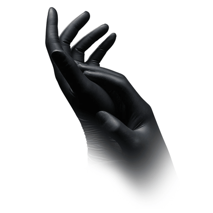 Against a white background, two hands with black gloves are visible, which apparently are AMPri SolidSafety Chem Ex antistatic nitrile chemical protective gloves from AMPri Handelsgesellschaft mbH. One hand is slightly cupped while the other gently touches it. The background fades downward, creating a soft, misty effect that supports precise handling.