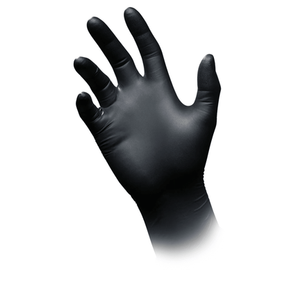An antistatic nitrile chemical protective glove of the AMPri SolidSafety Chem Ex type, designed for precise handling, is worn on a hand with slightly spread fingers against a plain white background.