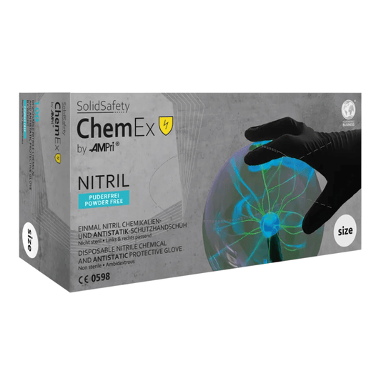 The antistatic nitrile chemical protective gloves AMPri SolidSafety Chem Ex from AMPri Handelsgesellschaft mbH are designed for precise handling and chemical resistance. The packaging shows a hand in a glove holding a colorful, translucent sphere in gray, with the size indication clearly visible on the side.