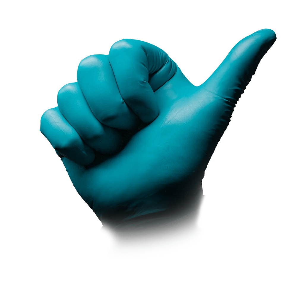 A gloved blue hand, adorned with SolidSafety ChemN Special Nitrile Chemical Protection Gloves from AMPri Handelsgesellschaft mbH, extends a thumbs-up against a white background.
