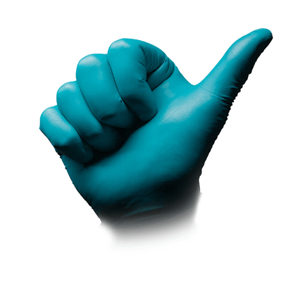 A gloved blue hand, adorned with SolidSafety ChemN Special Nitrile Chemical Protection Gloves from AMPri Handelsgesellschaft mbH, extends a thumbs-up against a white background.