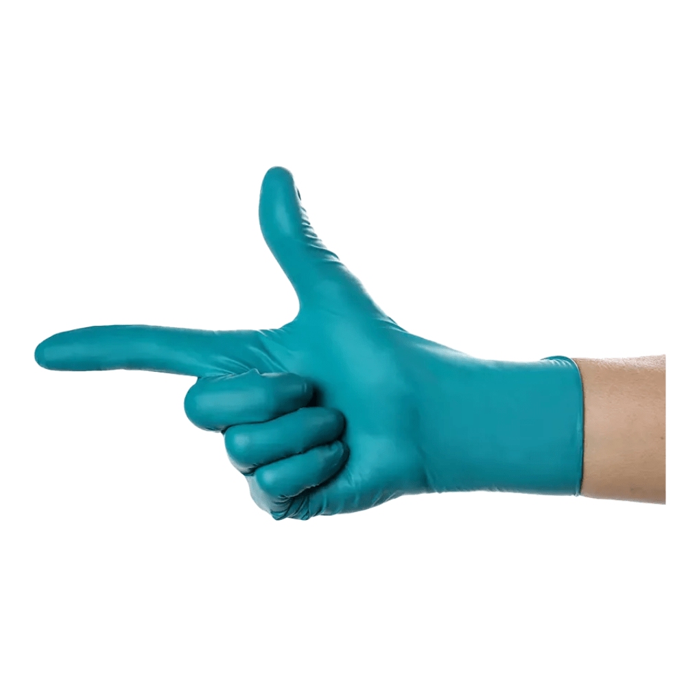 A hand wearing an AMPri SolidSafety ChemN Special Nitrile Chemical Protection Glove from AMPri Handelsgesellschaft mbH is set against a white background. The fingers are extended and slightly bent in a finger gun gesture, with the thumb pointing up and the index finger pointing forward, highlighting the glove's excellent chemical resistance.