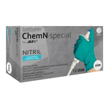 The image shows a package of AMPri SolidSafety ChemN Special Nitrile Chemical Protection Gloves from AMPri Handelsgesellschaft mbH. It contains an image of a gloved hand holding a laboratory instrument, and texts such as "powder-free," "chemical resistant," and "non-sterile, ambidextrous."
