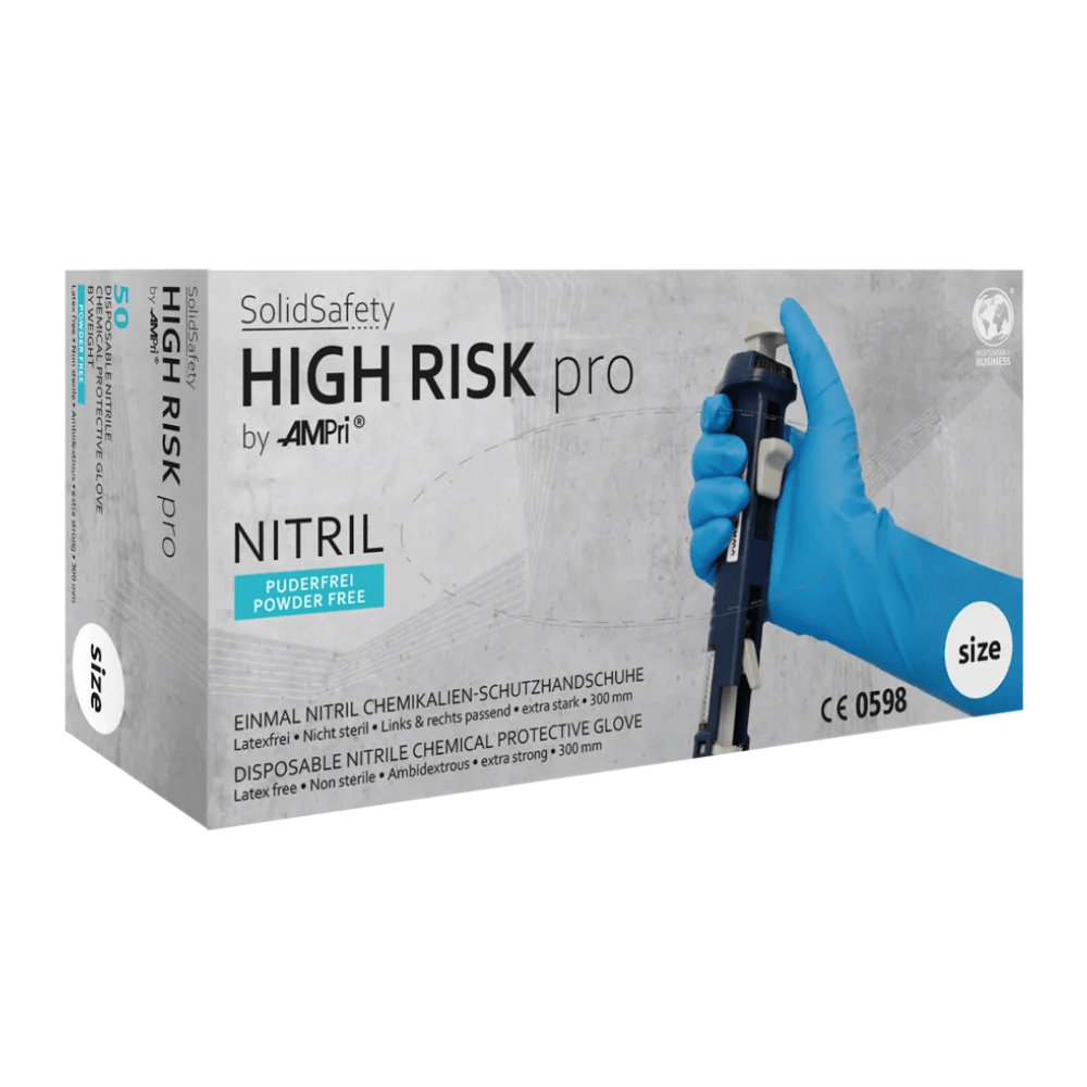 A box of AMPri SolidSafety High Risk Pro Nitrile Chemical Protective Gloves Type A from AMPri Handelsgesellschaft mbH shows a hand in a blue glove holding a test tube on the packaging. These gloves are powder and latex-free and CE 0598 certified for optimal protection against chemicals.