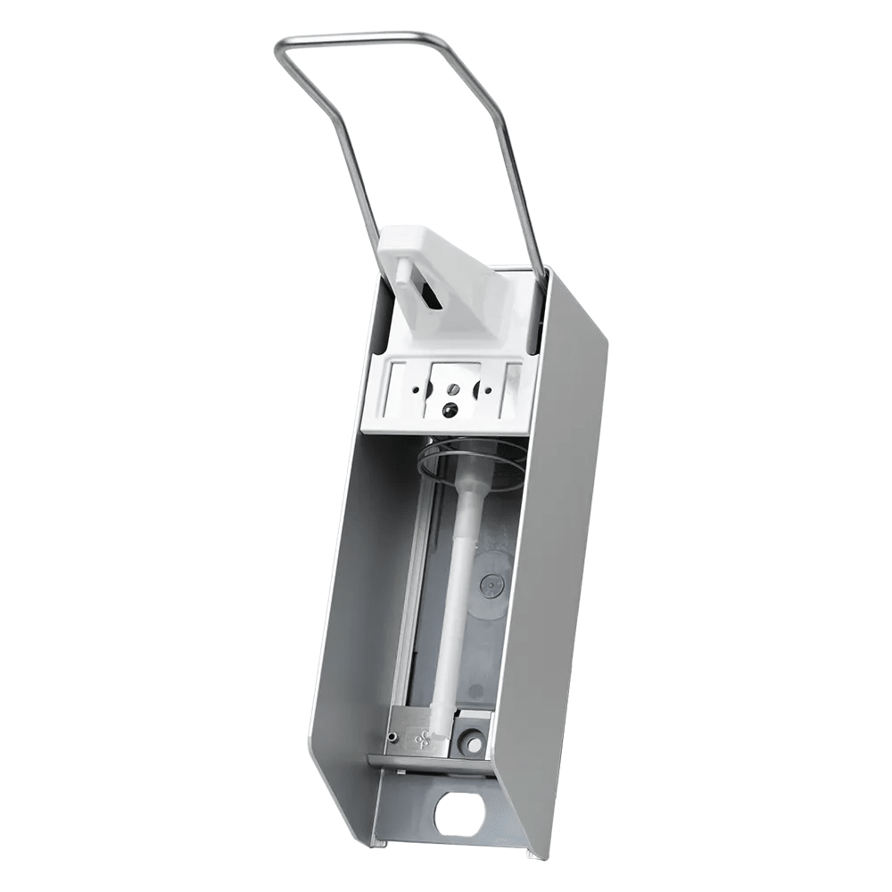 We present the AMPri wall dispenser from AMPri Handelsgesellschaft mbH, designed for 500 ml disinfectant and soap. This wall-mounted dispenser has an elegant silver exterior and a hygienic dispensing, complete with a long lever for effortless operation. Inside is a pressure pump bottle.