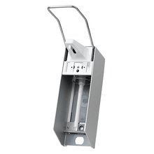 We present the AMPri wall dispenser from AMPri Handelsgesellschaft mbH, designed for 500 ml disinfectant and soap. This wall-mounted dispenser has an elegant silver exterior and a hygienic dispensing, complete with a long lever for effortless operation. Inside is a pressure pump bottle.