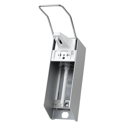 We present the AMPri wall dispenser from AMPri Handelsgesellschaft mbH, designed for 500 ml disinfectant and soap. This wall-mounted dispenser has an elegant silver exterior and a hygienic dispensing, complete with a long lever for effortless operation. Inside is a pressure pump bottle.