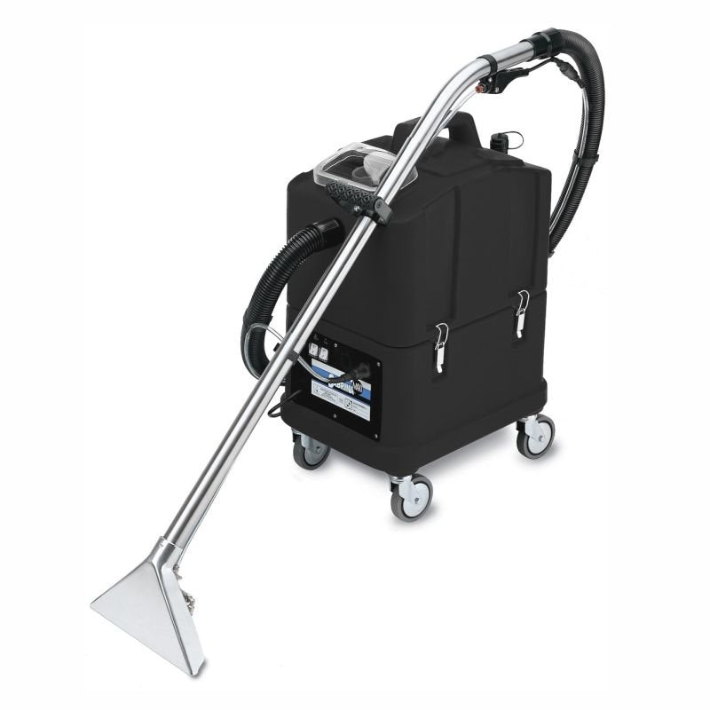 The Arcora Aniko60 spray extraction machine from Arcora International GmbH is a commercial carpet cleaning machine with a black casing, four wheels, a silver rod, and a transparent nozzle - ideal for deep cleaning carpets or upholstery.