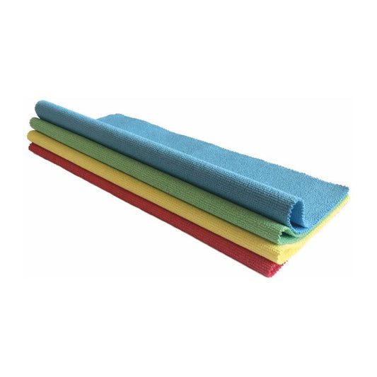 Four Arcora STRONG-LINE-PU MICROFIBER CLOTHS (40 x 30 cm) from Arcora International GmbH in the colors blue, green, red, and yellow are folded and stacked against a white background.