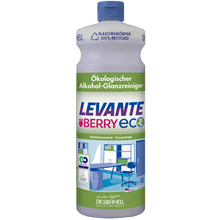 A 1-liter Dr. Schnell Levante Berry ECO from DR.SCHNELL GmbH & Co. KGaA is equipped with a green cap, a label made from recycled plastic, berry scent, and images from office and kitchen on the front.