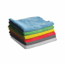 A stack of six Arcora SUPER-LINE MICROFIBER CLOTHS 32 x 32 cm from Arcora International GmbH in the colors blue, green, yellow, red, gray, and white is neatly arranged on a white surface and ensures streak-free surface cleaning.