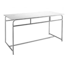The Novocal work and storage table features a white worktop made from solid core material and an open stainless steel frame, ideal for hygienic workspaces. Shown without drawers and shelves, 1 piece per package, against a simple white background.