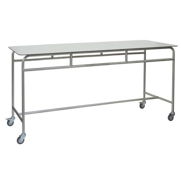 The Novocal work and storage table features a white solid core worktop, a sturdy stainless steel frame, and four swivel casters for flexible use. Open base without shelves - ideal as a work table in the office.