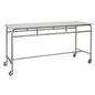 The Novocal work and storage table features a white solid core worktop, a sturdy stainless steel frame, and four swivel casters for flexible use. Open base without shelves - ideal as a work table in the office.