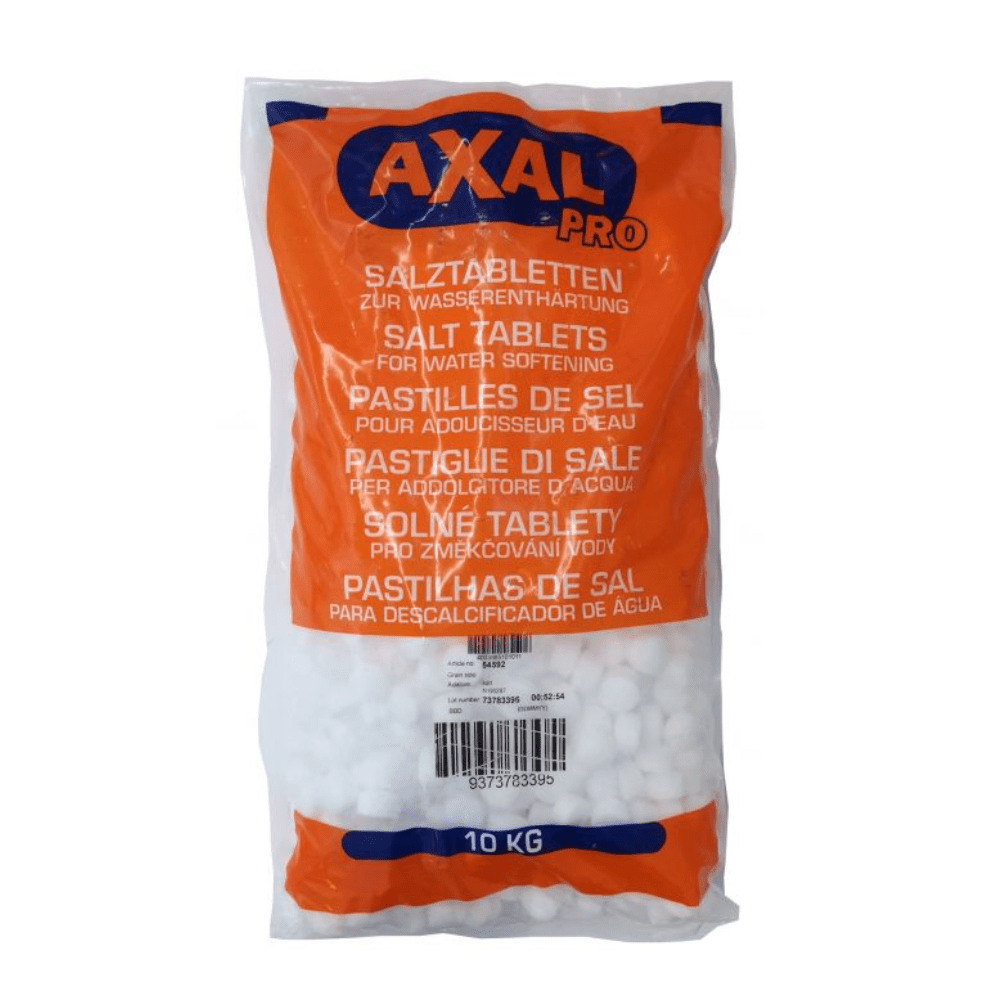 A 10 kg bag of AXAL PRO TABS regenerating salt - special salt for water softening by K+S Minerals and Agriculture GmbH. The packaging is mainly orange and white, with text in several languages such as English, German, and French. The barcode is clearly visible at the bottom center of the bag.