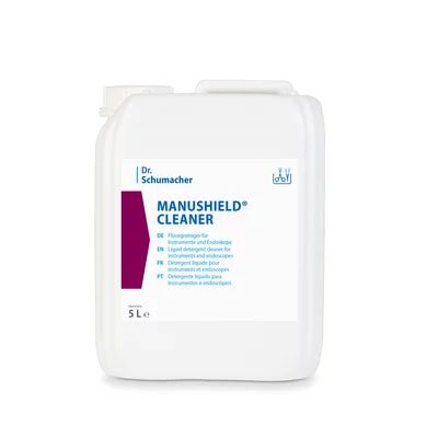 5-liter container made of white plastic with Dr. Schumacher MANUSHIELD® CLEANER from Dr. Schumacher GmbH with blue and red, multilingual label for hygienic cleanliness and effective germ control - ideal for cleaning and disinfection.