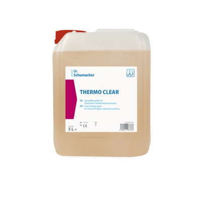A 5-liter canister of Dr. Schumacher GmbH THERMO CLEAR with a red cap and product information label, designed for hygienic cleaning.