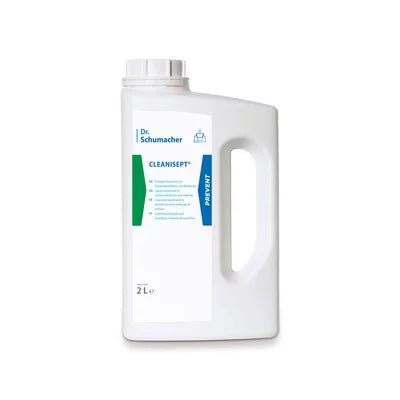 White 2-liter plastic container of Dr. Schumacher Cleanisept® surface disinfection and cleaning by Dr. Schumacher GmbH with a large handle, screw cap, and white-blue label for effective medical product disinfection.