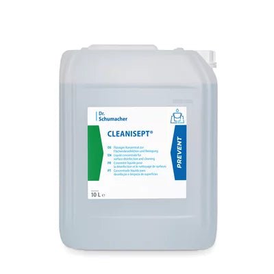 A transparent 10-liter container of Dr. Schumacher GmbH with the inscription "Dr. Schumacher Cleanisept® surface disinfection and cleaning", used for disinfection and cleaning of medical surfaces, with a white-blue label displaying the product data.