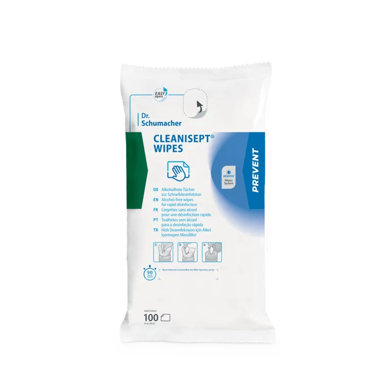 A white package of Dr. Schumacher GmbH Cleanisept Wipes Quick Disinfection with blue and green accents, featuring product information, application images, and 100 alcohol-free disinfectant wipes for medical devices.