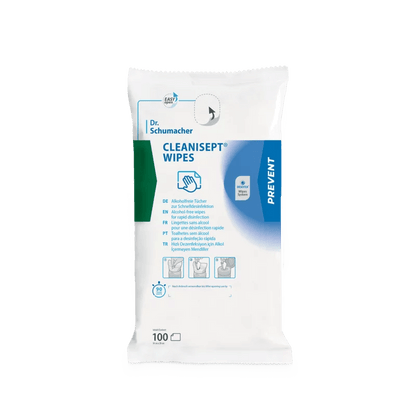 A white package of Dr. Schumacher GmbH Cleanisept Wipes Quick Disinfection with blue and green accents, featuring product information, application images, and 100 alcohol-free disinfectant wipes for medical devices.