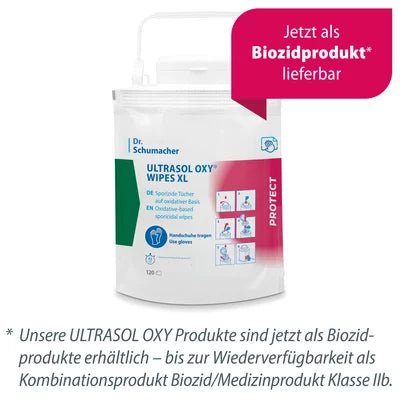 The Dr. Schumacher Ultrasol Oxy Wipes disposable cloth dispenser pack (120 wipes) from Dr. Schumacher GmbH contains 120 medical disinfection wipes and is now available as a biocidal product.