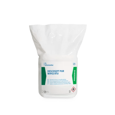 A white plastic bag with the inscription "Dr. Schumacher DESCOSEPT PUR WIPES RTU | Dispenser (120 wipes)" from Dr. Schumacher GmbH is equipped with blue and green lettering, a chemical hazard symbol, and a tear-off closure - ideal for disinfecting medical devices.