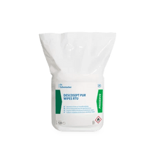 A white plastic bag with the inscription "Dr. Schumacher DESCOSEPT PUR WIPES RTU | Dispenser (120 wipes)" from Dr. Schumacher GmbH is equipped with blue and green lettering, a chemical hazard symbol, and a tear-off closure - ideal for disinfecting medical devices.