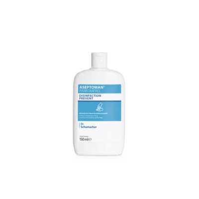 A white 150 ml bottle of Dr. Schumacher Aseptoman® perfume-free hand sanitizer from Dr. Schumacher GmbH with a blue label and white cap stands upright on a plain light gray background.