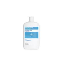 A white 150 ml bottle of Dr. Schumacher Aseptoman® perfume-free hand sanitizer from Dr. Schumacher GmbH with a blue label and white cap stands upright on a plain light gray background.