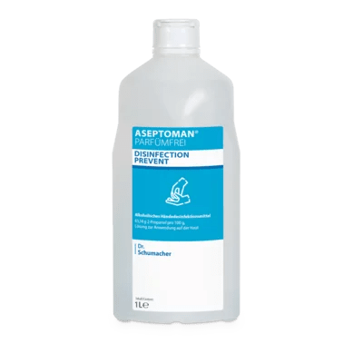 A clear 1-liter bottle of Dr. Schumacher Aseptoman® perfume-free hand sanitizer from Dr. Schumacher GmbH with a blue-white label with text and hand symbol.
