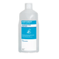 A clear 1-liter bottle of Dr. Schumacher Aseptoman® perfume-free hand sanitizer from Dr. Schumacher GmbH with a blue-white label with text and hand symbol.