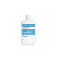 Pictured is a white 150-ml bottle of Aseptoman® Gel hand disinfectant gel from Dr. Schumacher GmbH against a plain, light background with a blue-white-pink label with brand and product information.