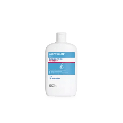Pictured is a white 150-ml bottle of Aseptoman® Gel hand disinfectant gel from Dr. Schumacher GmbH against a plain, light background with a blue-white-pink label with brand and product information.