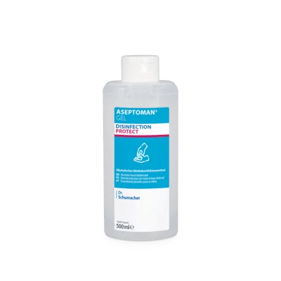 The clear 500-ml plastic bottle of Dr. Schumacher GmbH Aseptoman® Gel hand disinfectant gel is equipped with a blue-white label with red accents and a hand symbol on the front.