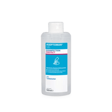 The clear 500-ml plastic bottle of Dr. Schumacher GmbH Aseptoman® Gel hand disinfectant gel is equipped with a blue-white label with red accents and a hand symbol on the front.