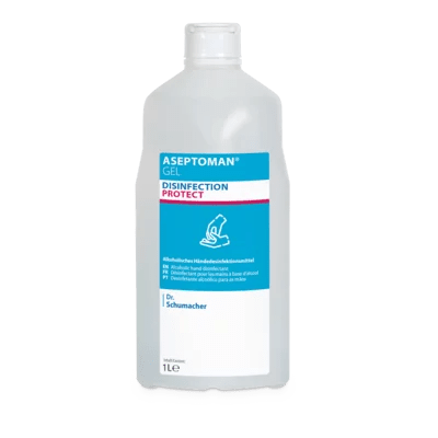 A 1-liter plastic bottle of Dr. Schumacher Aseptoman® Gel hand disinfectant gel from Dr. Schumacher GmbH with a blue-white label and a white cap, showing skin-friendly disinfectant gel on a white background.