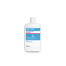 A white plastic bottle of Dr. Schumacher Aseptoman® Viral Hand Disinfection by Dr. Schumacher GmbH with blue and pink accents, containing 150 ml of the skin-friendly virucidal hand disinfectant, depicted on a plain white background.