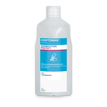 The Dr. Schumacher Aseptoman® Viral Hand Disinfection by Dr. Schumacher GmbH in the 1-liter plastic bottle with blue-white design and flip-top closure is labeled as virucidal and skin-friendly hand disinfectant.