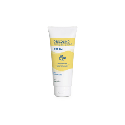 A 100-ml tube of Dr. Schumacher Descolind Pure Intensive Cream by Dr. Schumacher GmbH, a fragrance-free intensive care cream for sensitive and dry skin with a yellow-white label, stands upright in front of a white background.