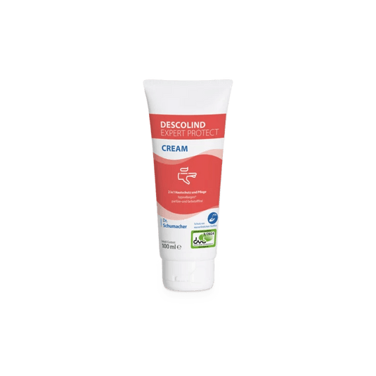 The 100 ml tube of Dr. Schumacher Descolind Expert Protect Cream skin protection cream from Dr. Schumacher GmbH stands upright on a white background with a red-white label - perfect for hand protection for allergy-prone skin.