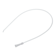 The B. Braun suction catheter type "Ideal" from B. Braun Deutschland GmbH & Co. KG is a white catheter with a flexible, curved design, featuring a tapered end for insertion and a funnel-shaped opening, suitable for use in various medical facilities.