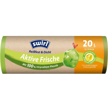 Swirl Active Fresh Trash Bags 20 l Tear-resistant & Leak-proof from Melitta Europa GmbH & Co. KG offers a roll with 12 bags made of 100% recycled plastic and a citrus scent indicator for long-lasting freshness.