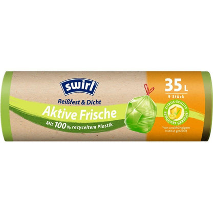 Swirl Active Fresh Garbage Bags 35 l from Melitta Europa, roll with 9 bags. 100% recycled plastic, tear-resistant & leak-proof, innovative odor control with citrus system for freshness protection.