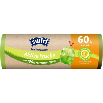 A roll of Swirl Active Fresh Trash Bags 60 l Tear-Resistant & Leak-Proof by Melitta Europa (8 bags), in brown-green packaging with product info and citrus scent symbol, made from 100% recycled plastic.