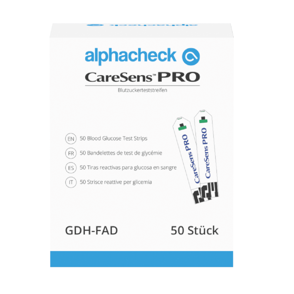 Image of a box of blood glucose test strips Alphacheck CareSens PRO by Berger Med GmbH | Package (50 pieces). The predominantly white box is labeled with blue and green text indicating the content as 50 blood glucose test strips. Instructions in multiple languages ensure convenient blood glucose monitoring.