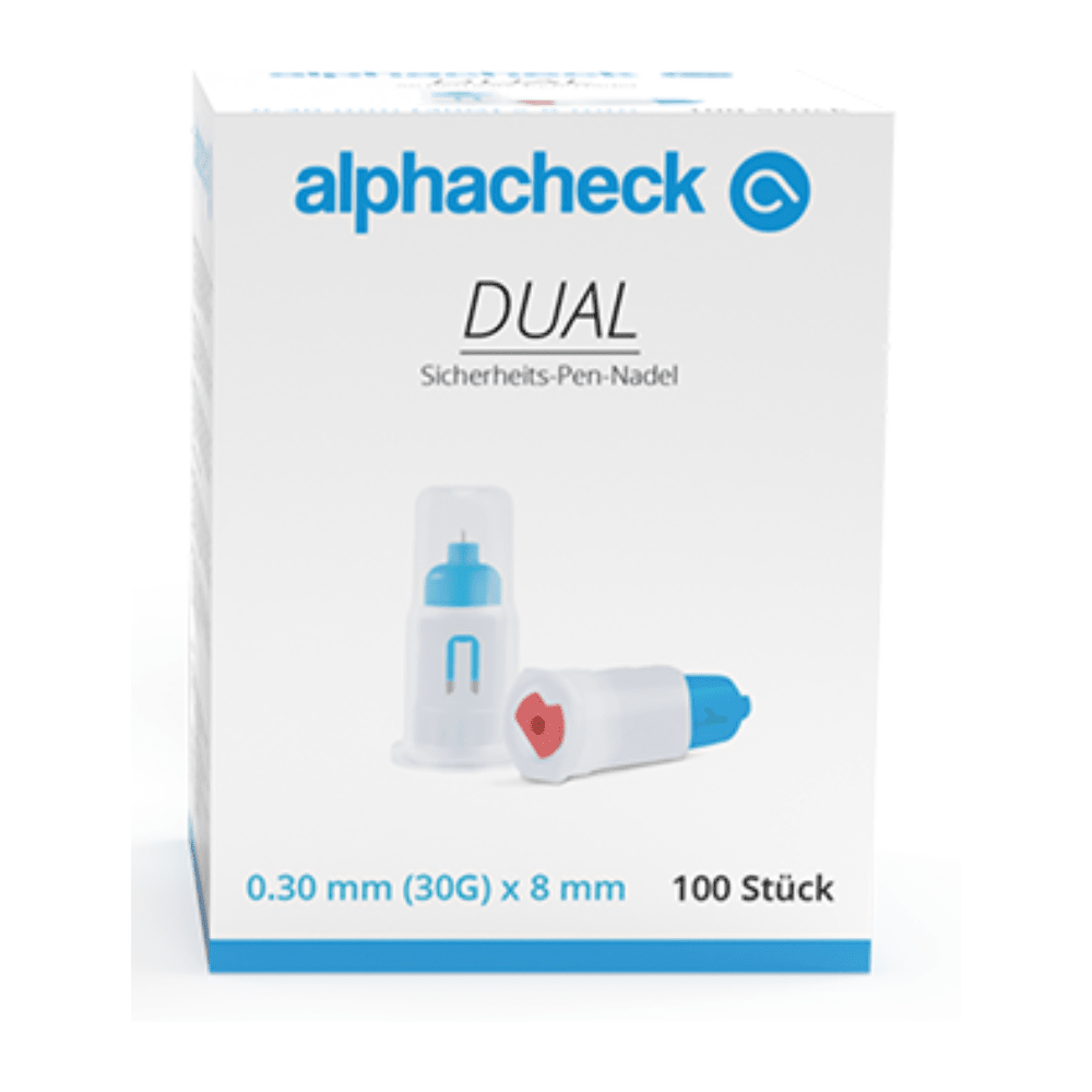 In a white box, the Alphacheck DUAL safety pen needles, various sizes by Berger Med GmbH, with post-use locking are depicted. The packaging specifies the pen needles with dimensions of 0.30 mm (30G) x 8 mm and contains 100 pieces. The image also shows a close-up of a needle enclosed in a clear plastic cap.